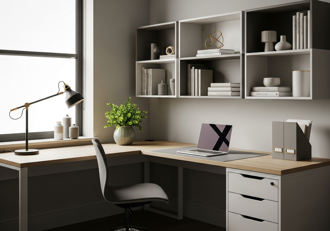 Clean, organized modern home office with L-shaped desk, shelving, and natural light — organized by Northway Solutions