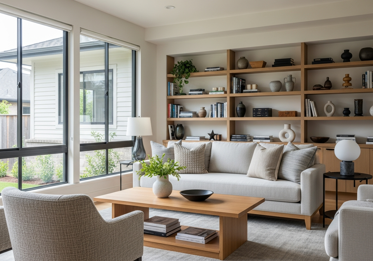 Beautifully organized modern living room with built-in shelving, neutral tones, and natural daylight — showcasing Northway Solutions property organization