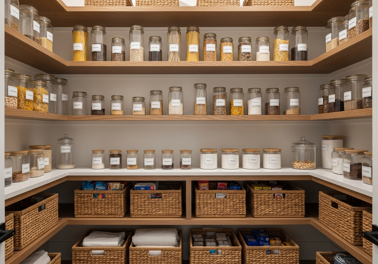 Neatly organized pantry with labeled glass jars, wicker baskets, and wooden shelving — a Northway Solutions before-and-after result